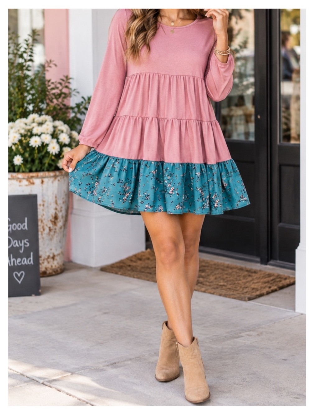 NWT RED LOLLY Long Sleeve Mini Dress w/Pockets in Rose w/Teal Floral Ruffle